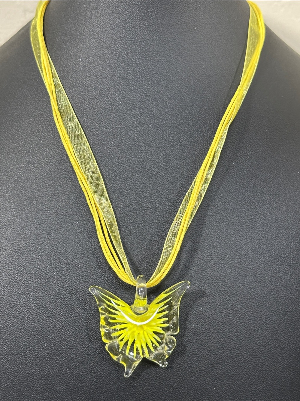 Yellow Lampwork Glass Butterfly Pendant Multi-Strand Ribbon Cord Necklace
